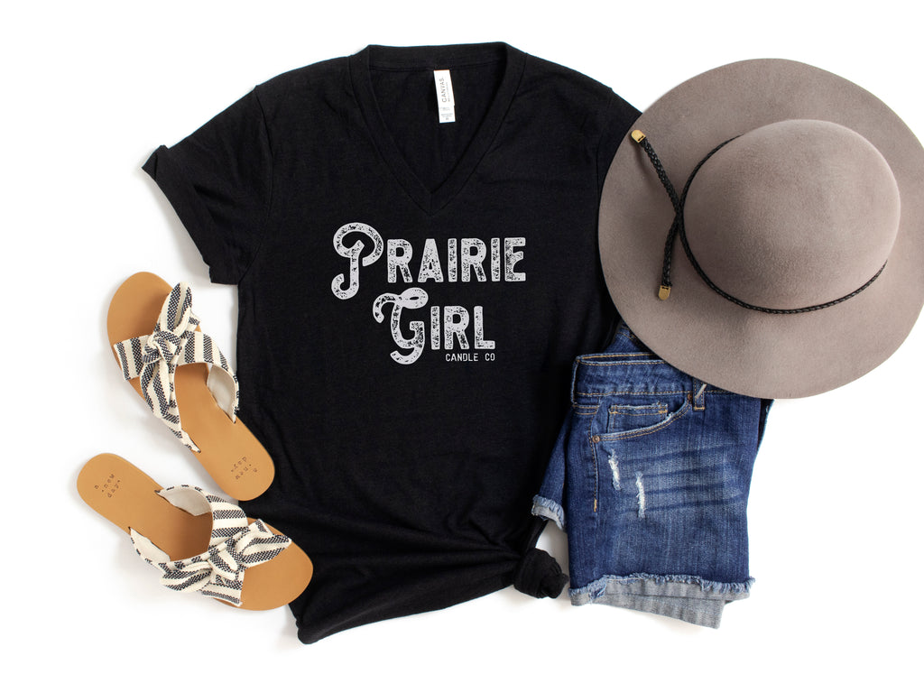 Tee: Prairie Girl Black Heather V-Neck